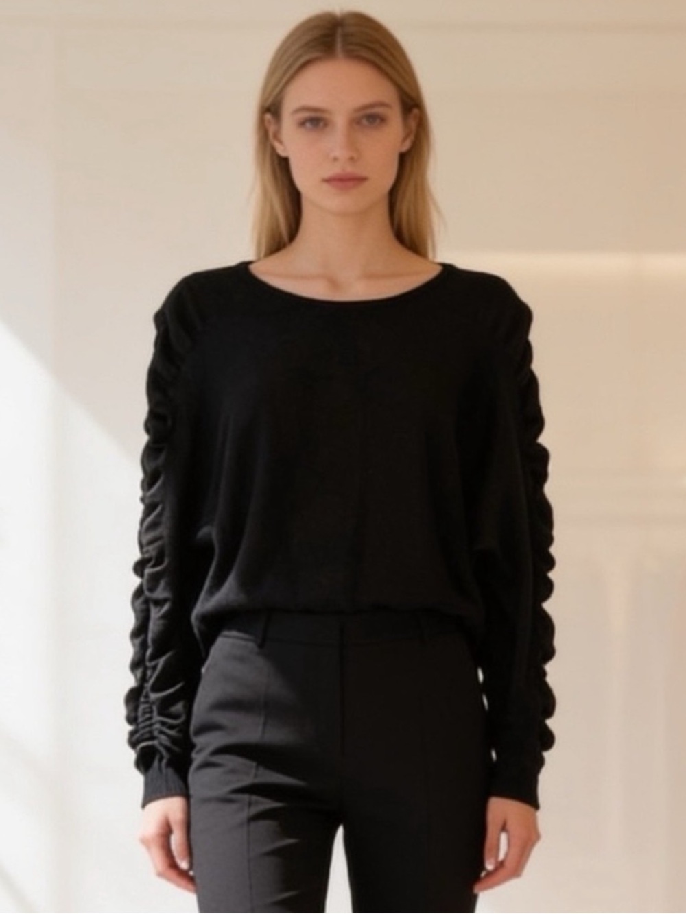 Alfani Black Ruched Sleeve Knit Top Crewneck Long Sleeve Size L